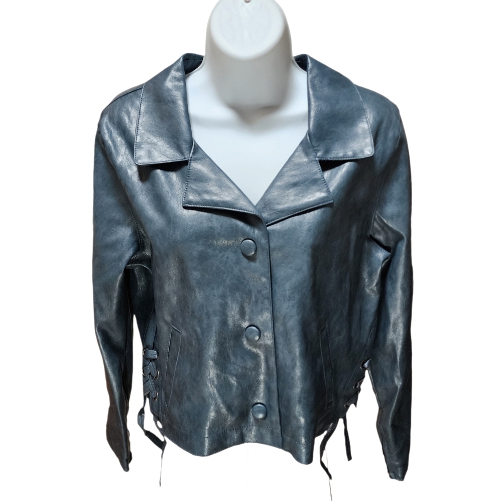 Democracy Long Sleeve Faux Leather Cropped Button Front Lace-Up Jacket Green S - Picture 10 of 11